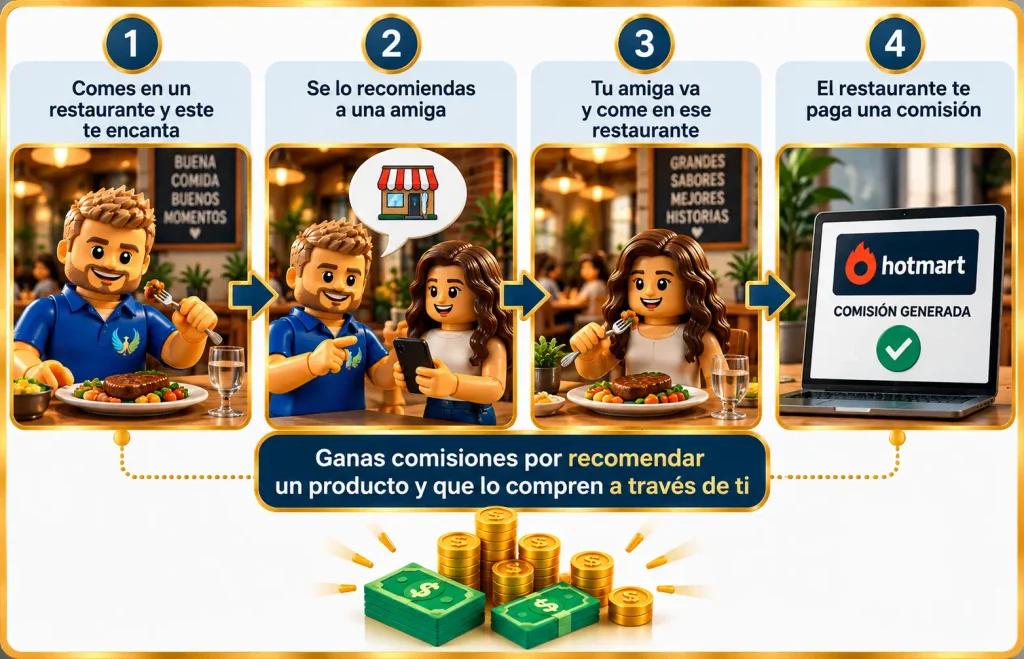 Ejemplo visual de cómo funciona el marketing de afiliados y las comisiones
