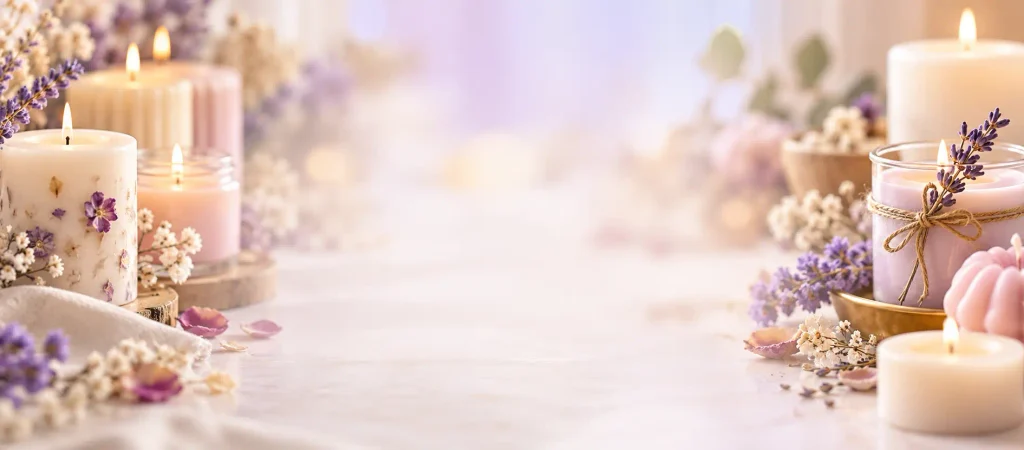 Velas artesanales decorativas en tonos pastel con flores de lavanda