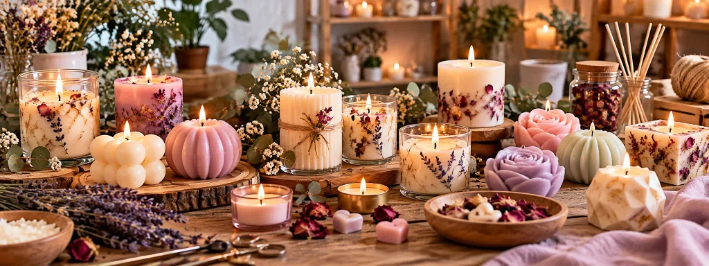 Velas artesanales de diferentes formas, colores y diseños decorativos