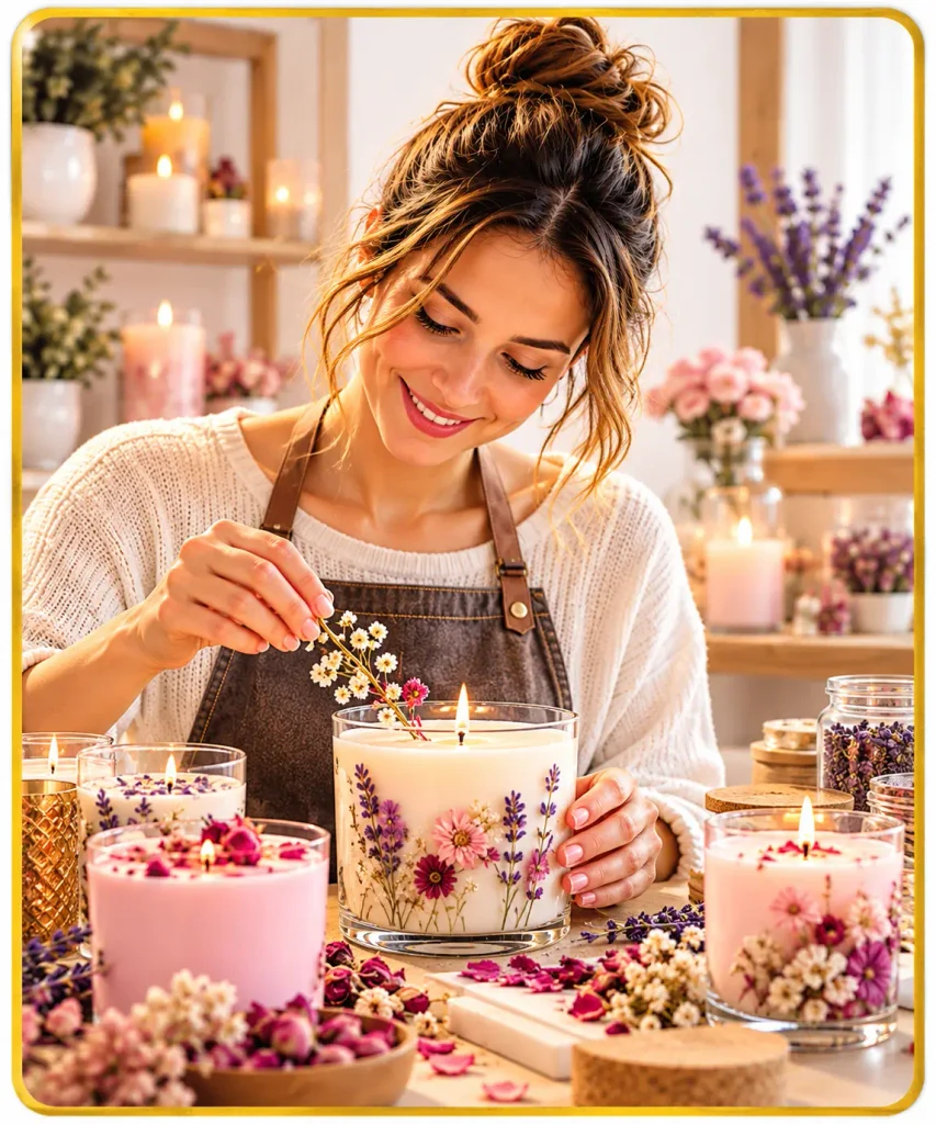Mujer elaborando una vela artesanal decorada con flores