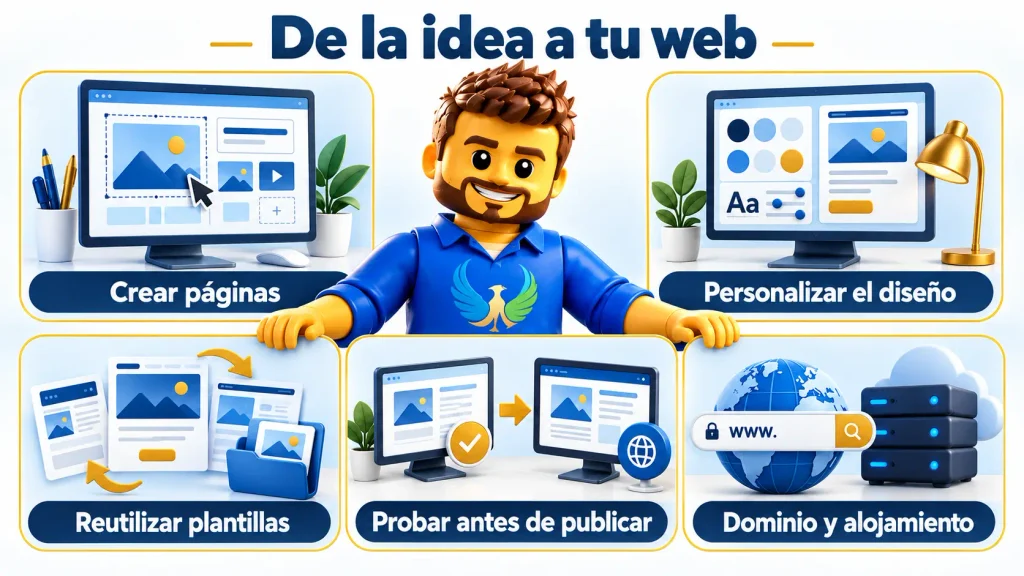 Avatar impulsodevida360 mostrando cinco áreas del temario: creación de páginas, diseño, plantillas, pruebas y alojamiento web.